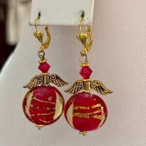 Red & Gold Artisan Glass Wing Disc Drop Earrings